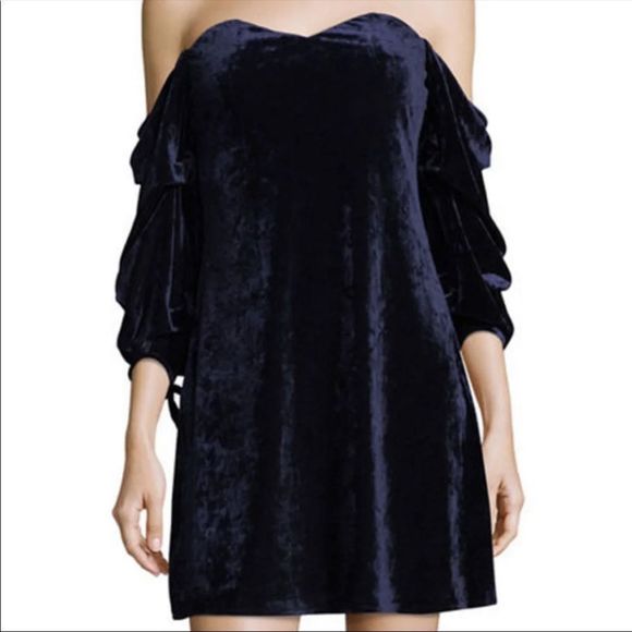 Romeo and Juliet Navy Velvet Off Shoulder Dress - Picture 3 of 4